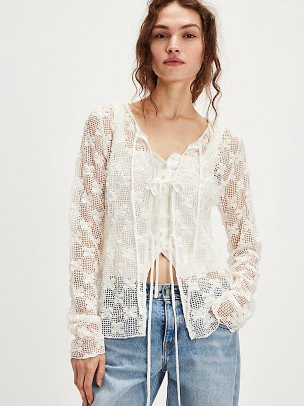 Free People Julie Knit Top Tie Front Sheer Floral Boho Festival White Sz XS